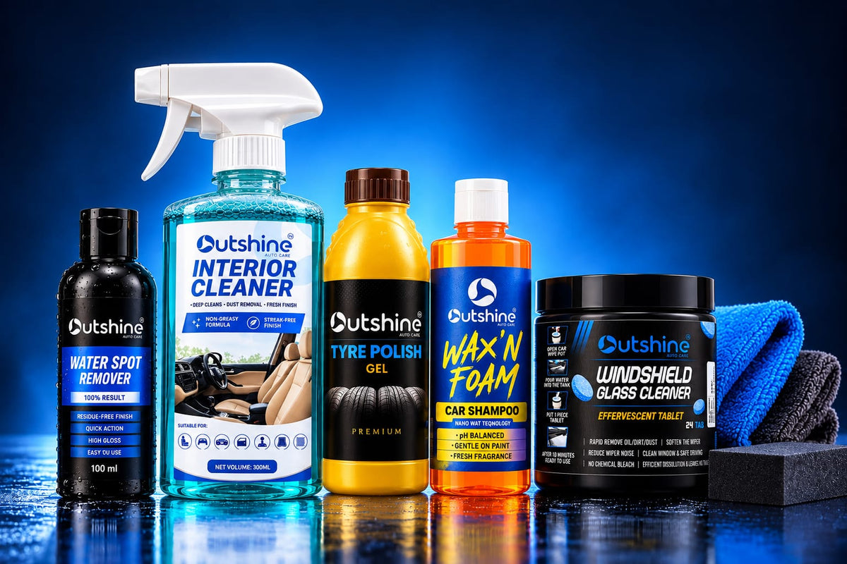Outshine Water Spot Remover, Interior Cleaner, Tyre Polish Gel, Wax 'N Foam shampoo and Windshield Glass Cleaner tablets with microfiber towels