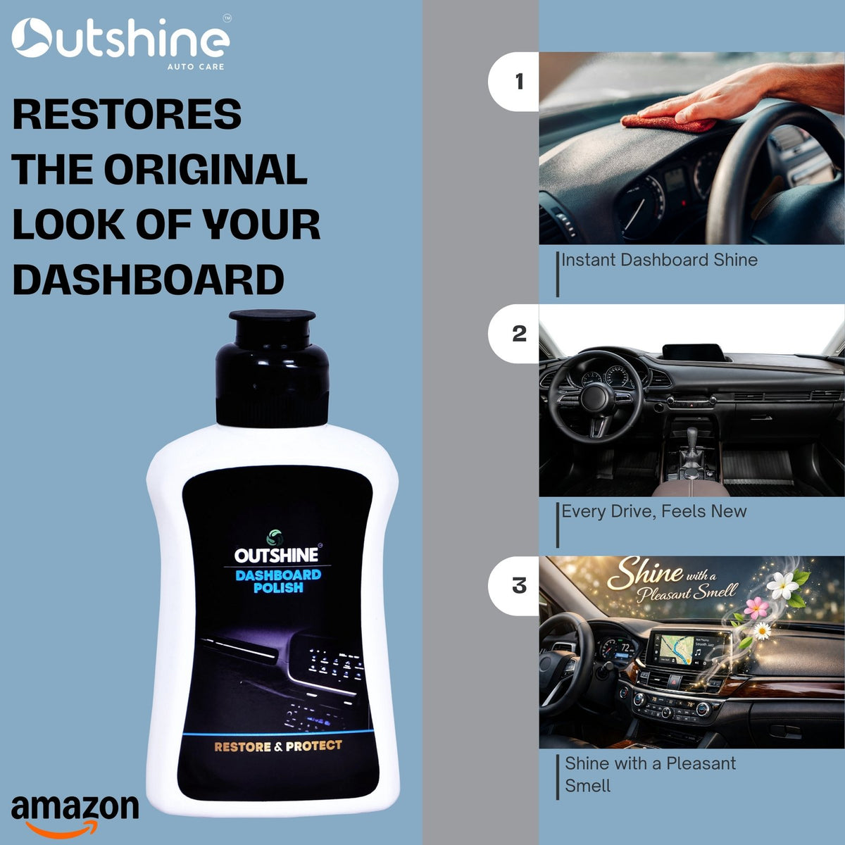 Outshine 3-in-1 Car Care Combo – Wax Shampoo, Dashboard Polish & Glass Cleaner