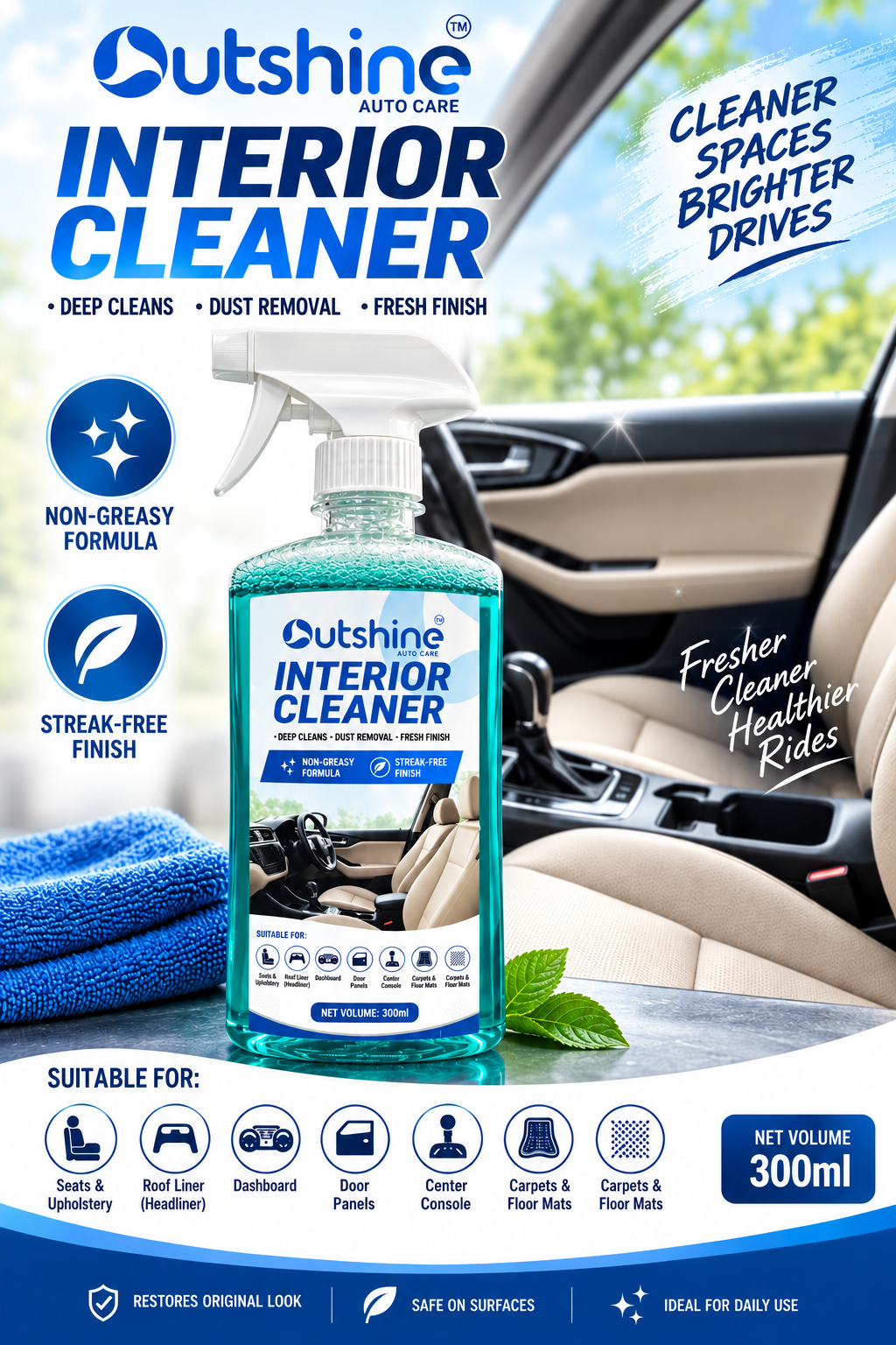 Outshine Interior & Upholstery Cleaner with microfiber cloth – 250ml