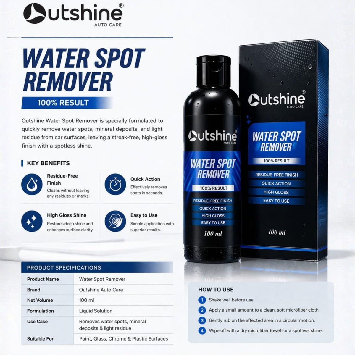 Water spot remover for car windshield removing hard water stains and restoring shine