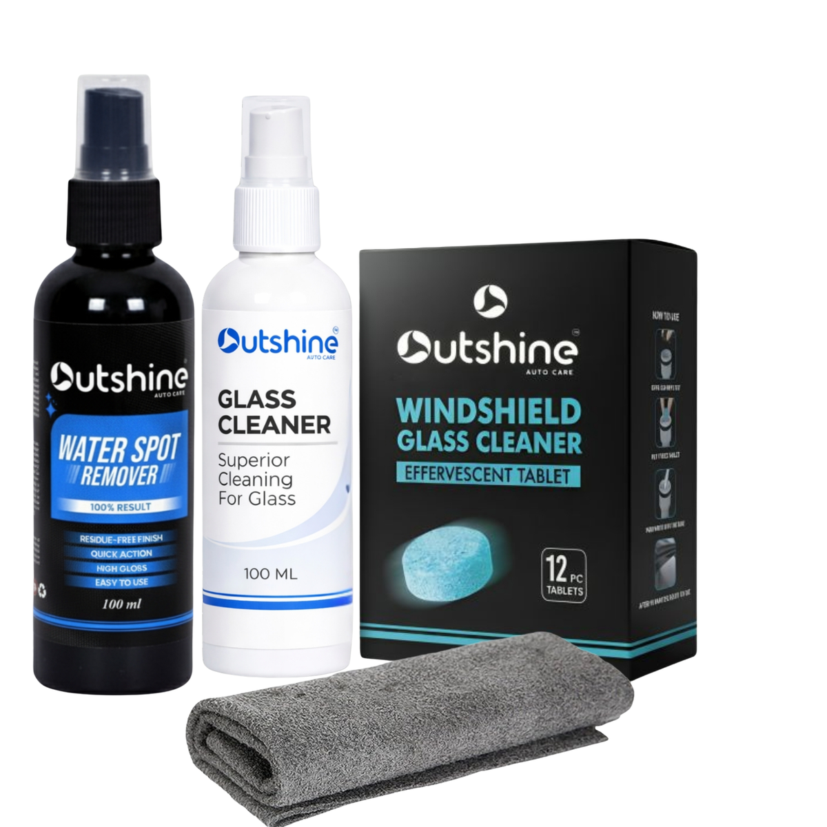 The Outshine Water Spot Remover Combo Kit – 100ml Water Spot Remover, Glass Cleaner, Windshield Cleaning Tablets & Microfiber Cloth