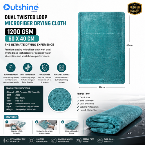 THE OUTSHINE Dual Twisted Loop Microfiber Drying Cloth 1200 GSM 60x40 cm – Premium Car Drying Towel