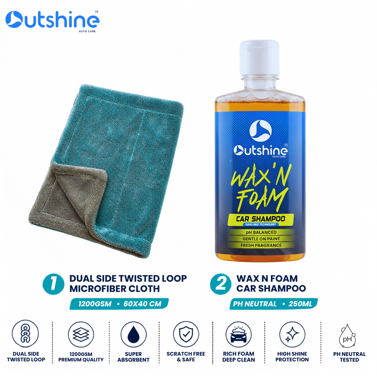 Outshine Wax & Dry Combo | Wax N Foam Car Shampoo + 1200GSM Microfiber Cloth
