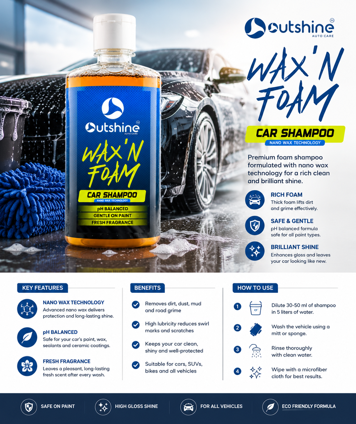 Outshine Wax & Dry Combo | Wax N Foam Car Shampoo + 1200GSM Microfiber Cloth