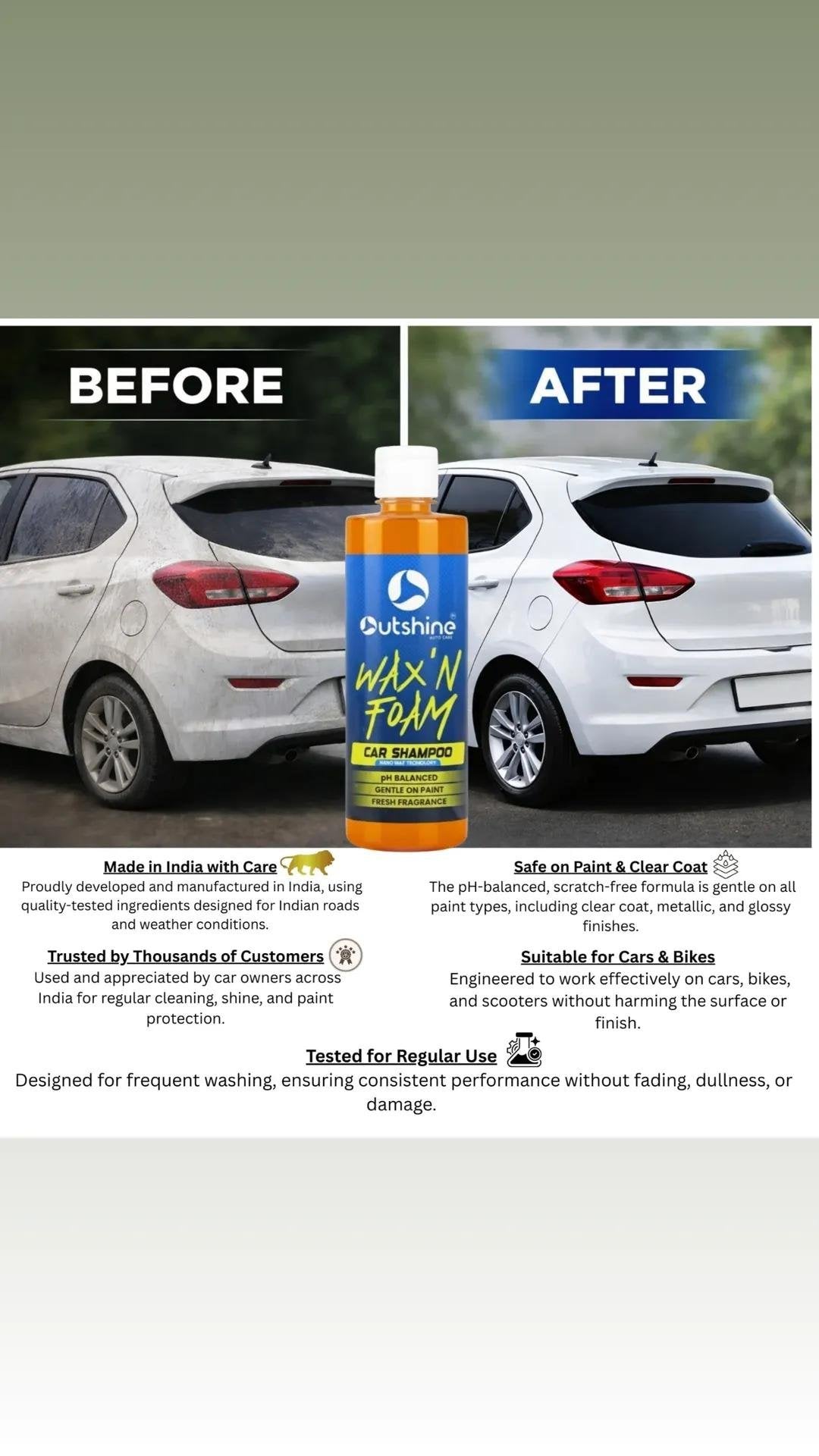 Outshine Wax & Foam Car Shampoo with microfiber glove