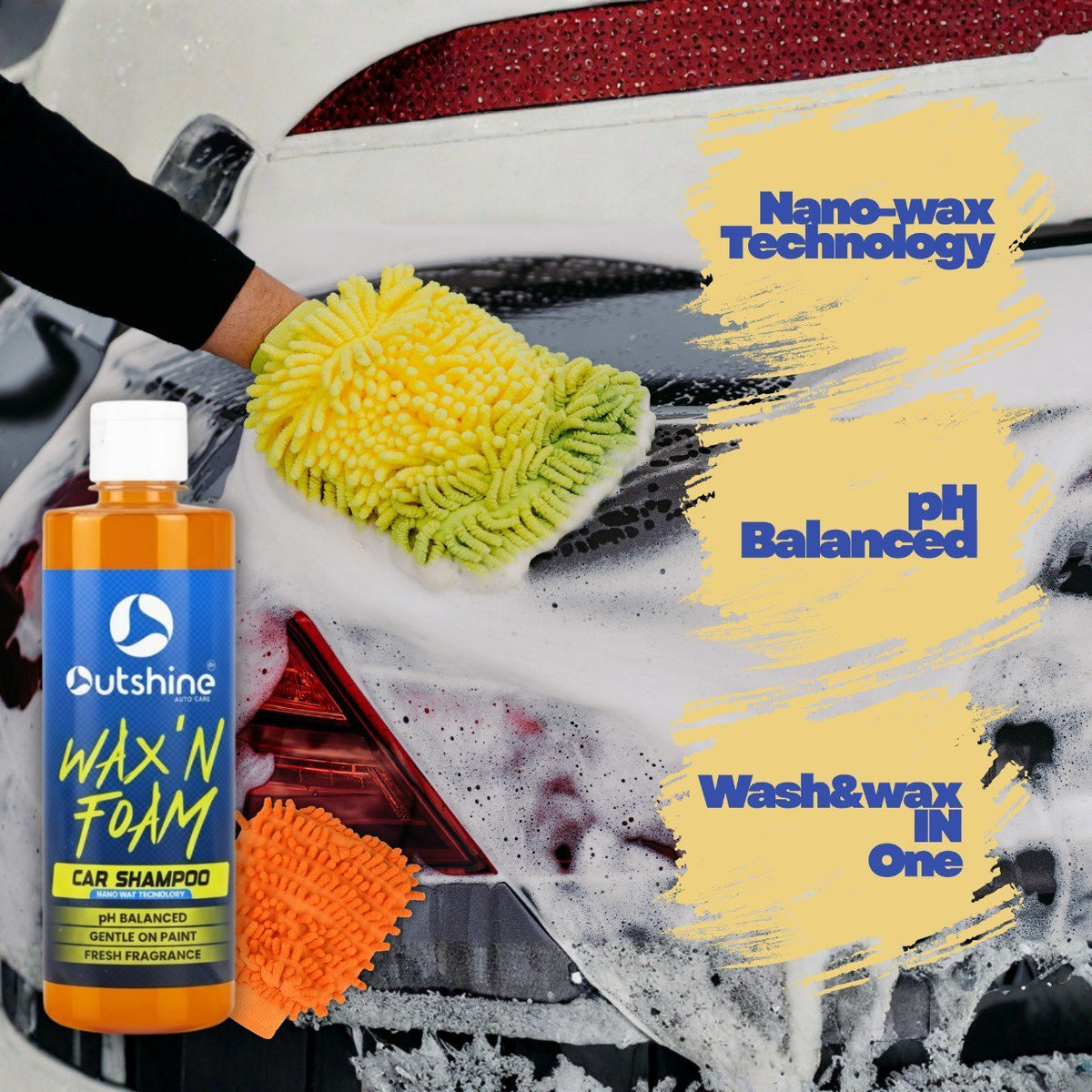 Outshine Wax & Foam Car Shampoo with microfiber glove